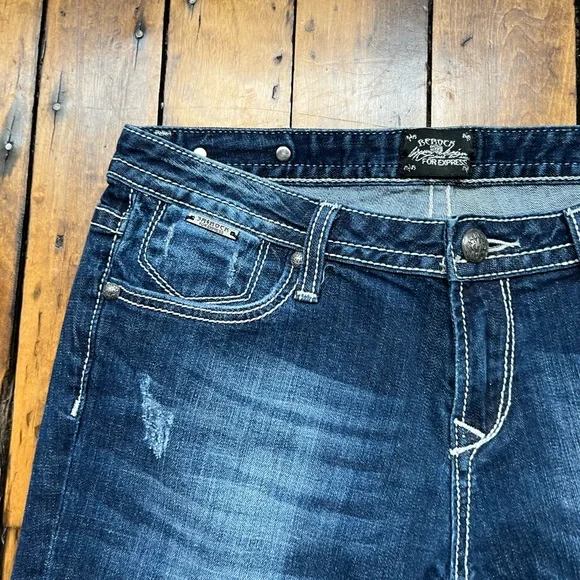 Rerock Express Womens 12 Low Rise Boot Cut Jeans Dark Wash Embroidered Y2K 32x30 - Picture 3 of 13